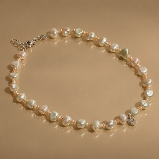 Milk & Rose Minty Pearl Necklace - baroque pearl necklace with silver clasp and logo charm