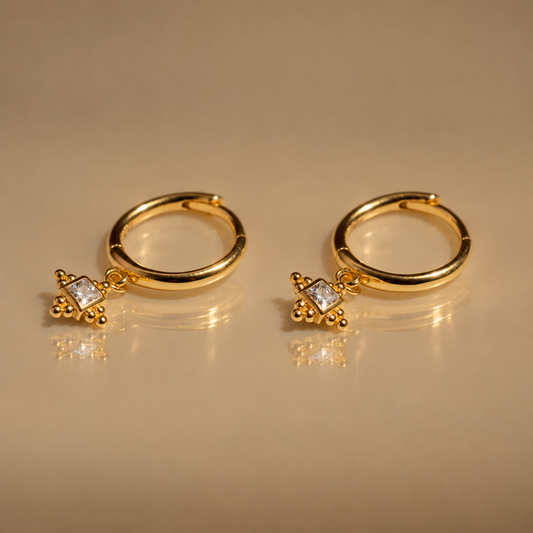 Milk & Rose Petite Diamond Hoops - pair of gold hoop earrings with sparkling stone charm