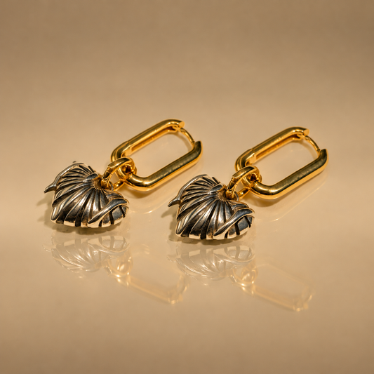 Milk & Rose Interchangeable Paperclip Earrings - pair of gold paperclip hoops with silver leaf heart charms