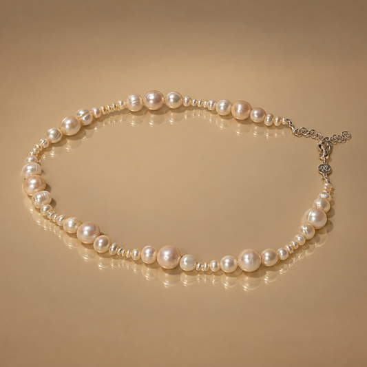 Milk & Rose Balancing Act Pearl Necklace - freshwater pearl necklace in graduated sizes with silver extender chain